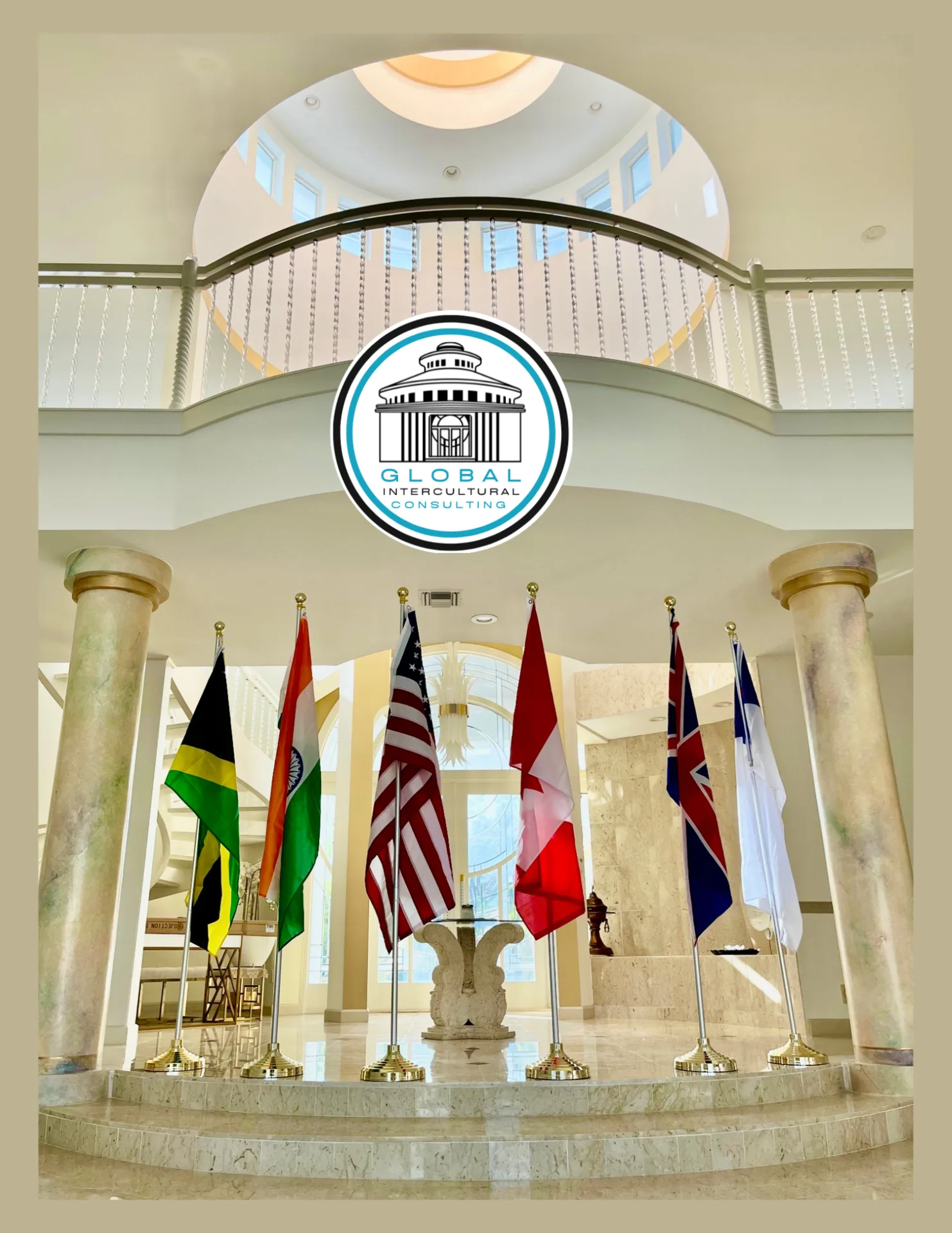 The Global Intercultural Center lobby with international flags